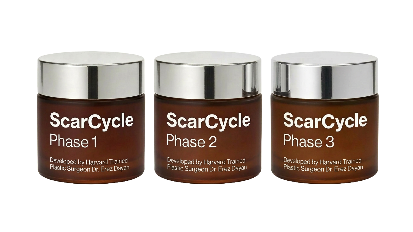 Three brown jars labeled ScarCycle Phase 1, Phase 2, and Phase 3, with silver lids, developed by Dr. Erez Dayan, displayed side by side on a white background.
